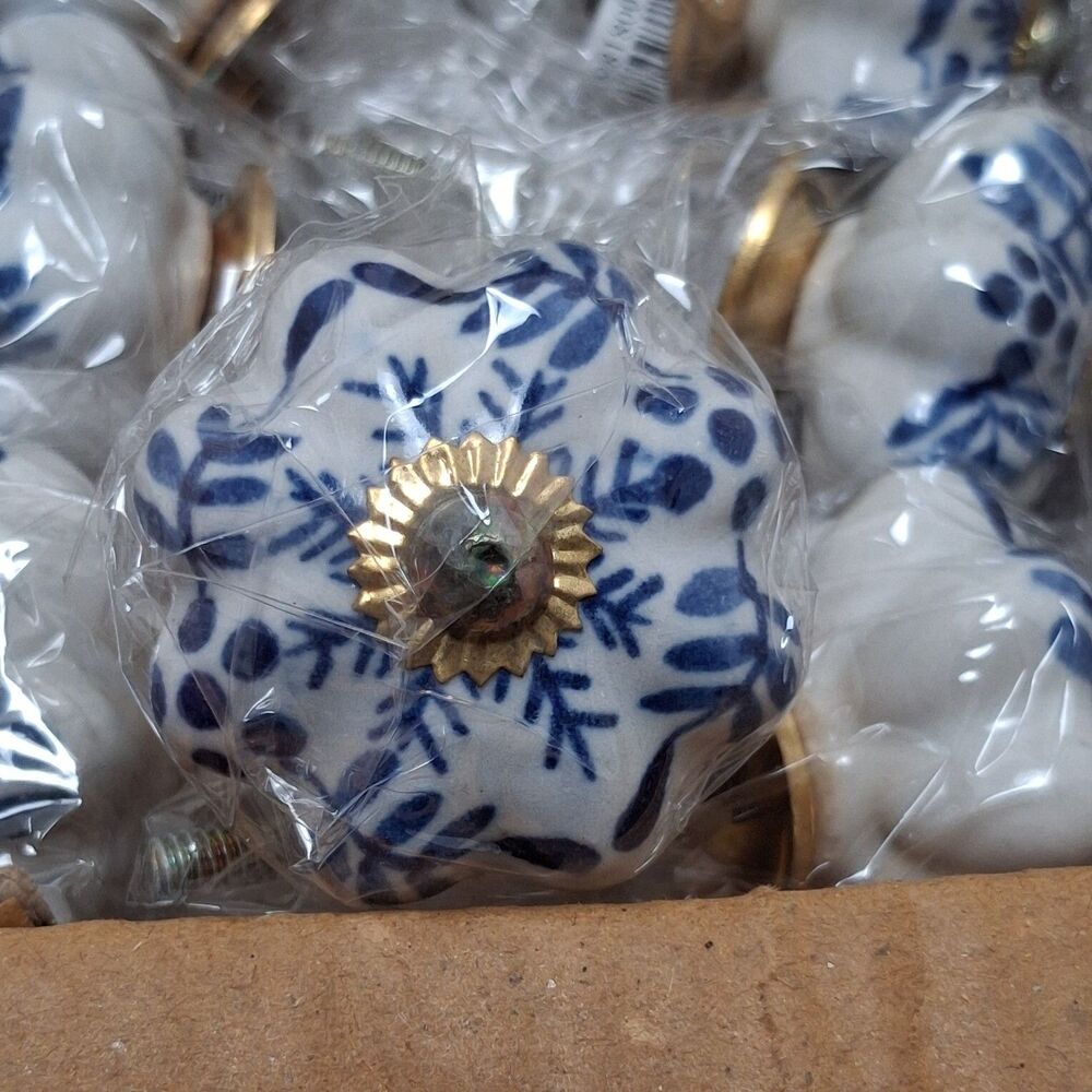 12 NEW Metal Magic LLC Ceramic Drawer Pull Knob Blue White Cottage Elegant